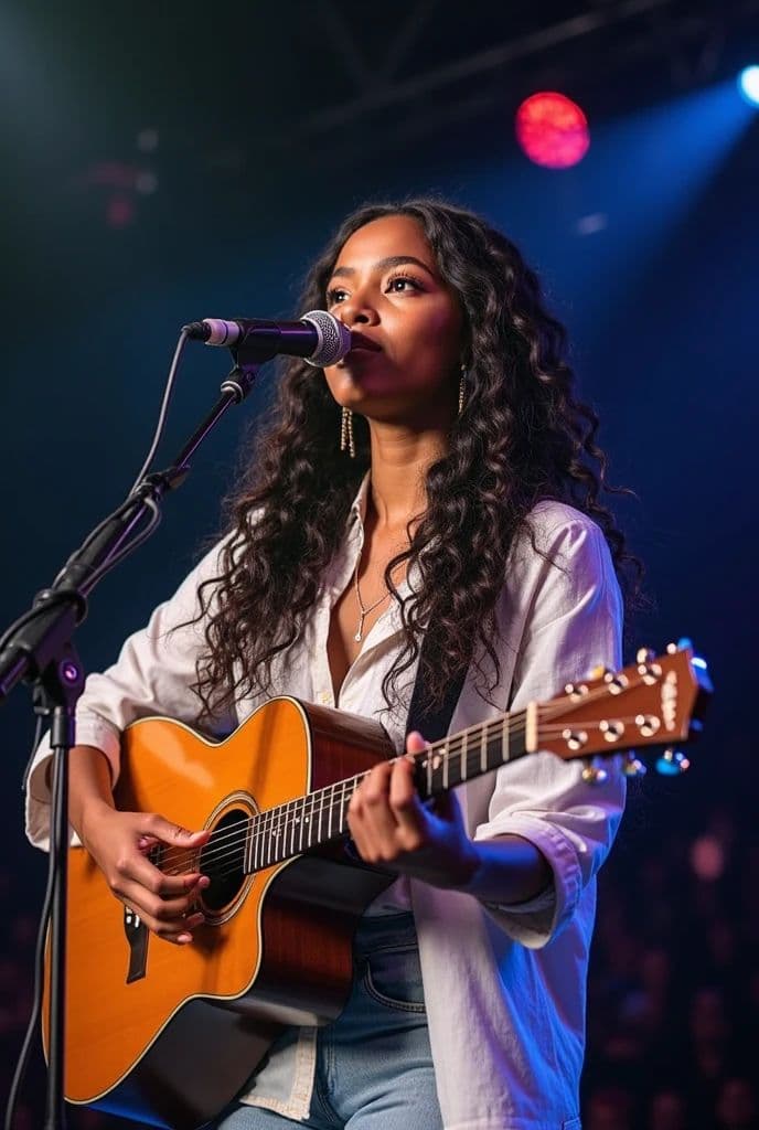 Student showcase on stage — voice, guitar, and confident stage presence